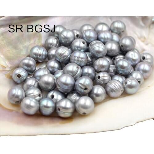 Free Shipping SR 10mm 100pcs Big Hole Nearly Round Gray Natural Freshwater Pearl Earring Jewelry Handwork DIY Craft Loose Beads