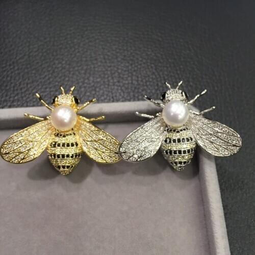 Wholesale 7-8MM natural fresh water pearl brooch pins copper with cubic zircon bee brooch pendant double use 20pcs/lot