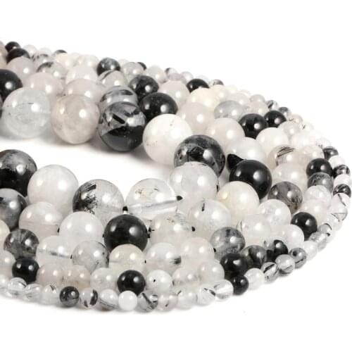 Natural Semi Precious Stone Beads Black Hair Quartzes Circular DIY For Making Necklaces Bracelets Earrings 4/6/8/10/12mm 38cm