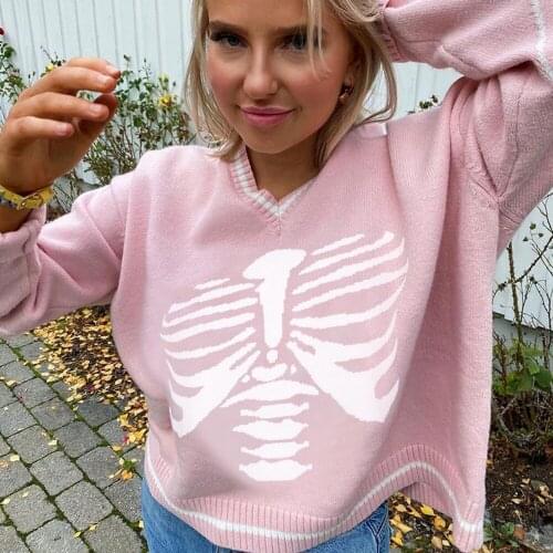 Dourbesty Y2K Women Skull Knitted Sweater Preppy Style Skeleton Print Long Sleeve V-neck Pullovers Jumpers Knitwear Autumn 2021