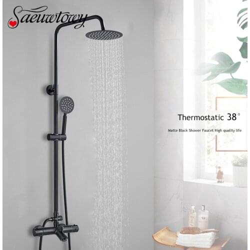 Matte Black Thermostatic Shower Faucet Bathroom Rainfall Ultra-thin Head Shower Bracket Bathtub Spout Mixer Tap Shower Set