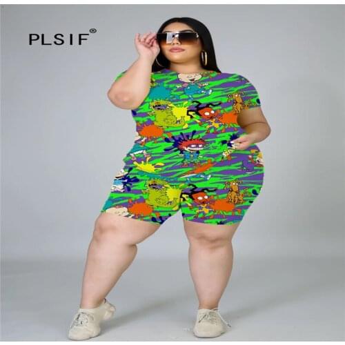 M~3XL fashion cute cartoon pattern women set o neck short sleeve summer 2 piece set outfit casual sexy tight shorts beach set