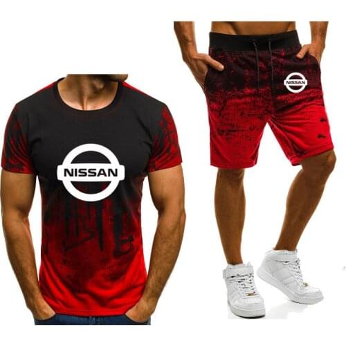 New 2021 Summer Mens t-shirt and shorts Nissan car Logo print casual Gradient High Quality Cotton Mens T-Shirt short Suit 2Pcs