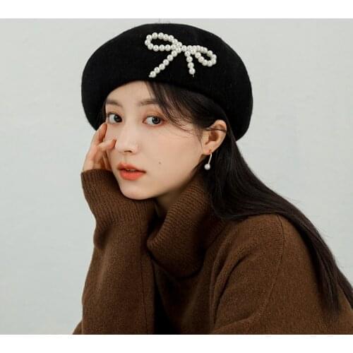 2021New Womens hat bts Womens Girls retro cap beret from angora for women Wool Beret Exquisite pearl bow Beret Hats for women