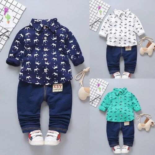 Autumn Crown Shirt Set (1Y-5Y) Toddler Kids Baby Boy Long Sleeve Crown Pattern Shirt Tops+ Denim Pants Set L1129