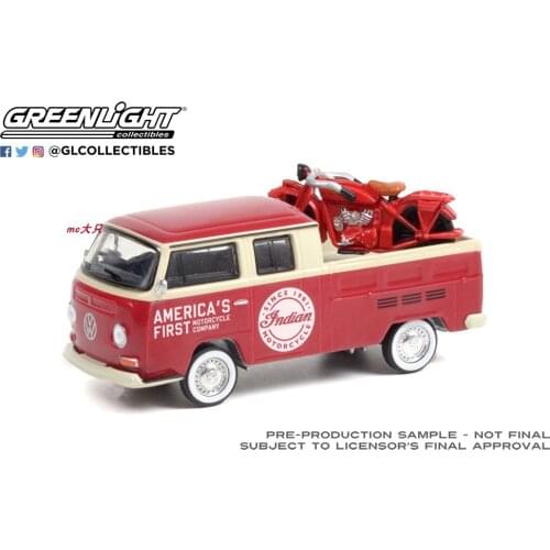 1:64GreenLight 1968 Volks wagen Type 2 Double Cab Pickup Indian Motorcycle Sales car models toys giftCollect die-casting alloy