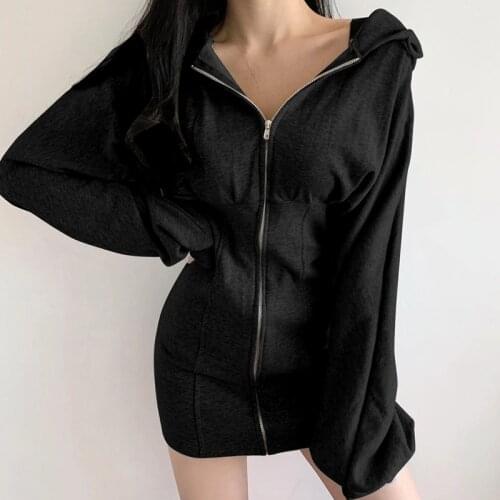 2020 Fashion Womens Solid Dress High-Waist Long Sleeve Fall Girl Tummy Control Hooded Side Pockets Slim One Piece Mini Dress