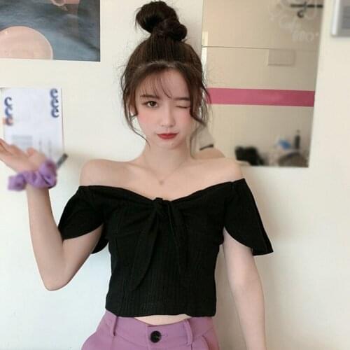 Casual Knitted Short Sleeve T-Shirt Summer Womens Solid V Neck Tee Tops Bow Slim Exposed Navel Top