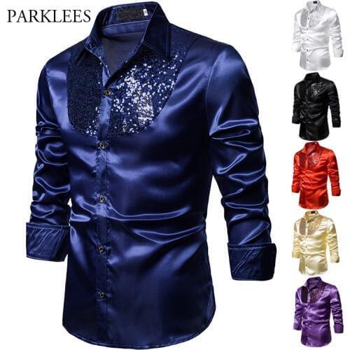 Royal Blue Shirt Men Silk Satin Smooth Shirt Luxury Sequin Tuxedo Shirt Party Stage Performance Shiny Disco Dress Shirts
