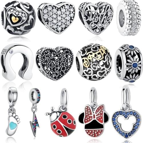 ELESHE Flower Heart Love Mother Minnie Cross Charm Fit Original Bracelet 925 Sterling Silver Charm Bead for Jewelry Making