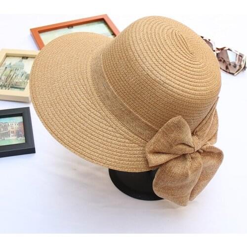 Womens Straw Sun Hat Foldable Adjustable Bow Hat Band Wide Brim Floppy Summer Beach Hat Bow Knot Sun Visor