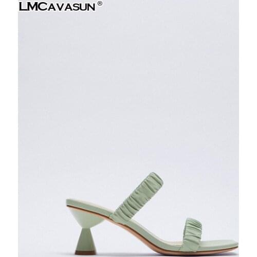 LMCAVASUN Womens Shoes in 2021 New Summer Green Square Toe Fold Womens Slide Sandals Thin High-heeled Sandals French Style