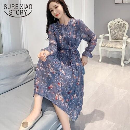 Spring 2021 O-neck Floral Chiffon Women Dress Flare Sleeve A-line Dress Femme Floral Printed Female Mid-length Vestidos 8211 50