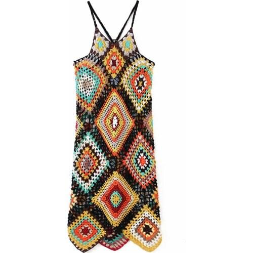 2021 Za Women Chic Fashion With Sleeveless Dress Vintage Backless Thin Straps Female Hand made Crochet Dresses Vestidos Mujer