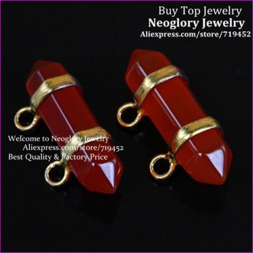 10PCS Healing Chakra Druzy Glass Stone Pendant Gold Color 2 Holes Carnelian Gems Hexagon Prism Bead Pendant Fit Necklace