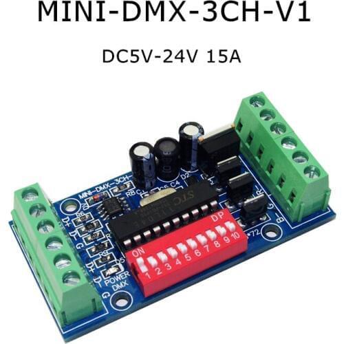 3CH Easy DMX LED Controller RGB DMX512 Decoder 3 Channel 1 Group for LED Strip Light Module DC5V-24 15A MINI-DMX-3CH-V1 Console