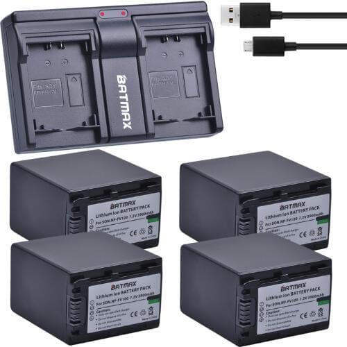 Batmax 4 Pcs 3900mAh NP-FV100 NP FV100 NPFV100 Battery+Dual Charger for Sony DCR-SR15 SX15 FDR-AX100 HDR-CX105 HC9 PJ10 TD20V