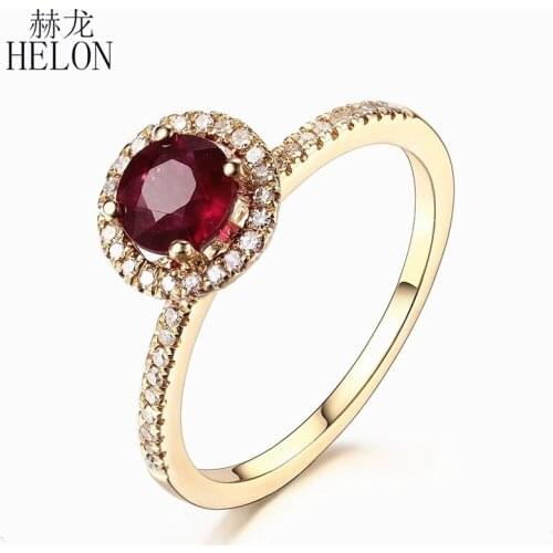 HELON Round 5.5mm Treated Ruby Ring Solid 10K Yellow Gold Natural Diamond Engagement Ring Women Wedding Gemstone Fine Jewelry