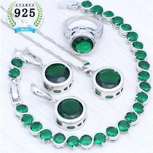 925 Sterling Silver Bridal Jewelry Set Round Green Cubic Zirconia Classic Earring Ring Pendant Necklace Bracelet Kit