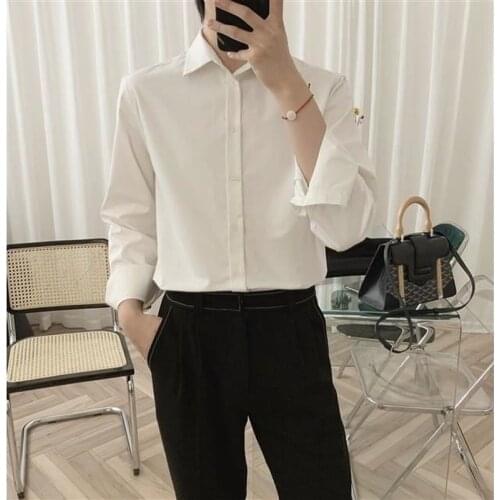 Korean Clothes Spring Black Shirt Chiffon Button Up Men Long Sleeve Shirt Smart Casual Solid Color Loose All-match