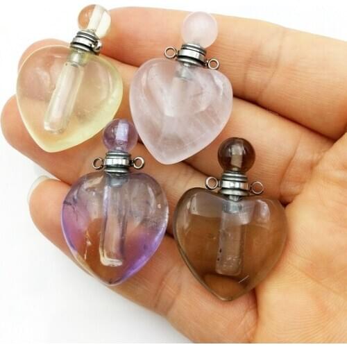 Natural Heart shape Gems stone Love Perfume Bottle Pendant stainless steel Healing Chakra Crystal Quartz vial charm for Necklace
