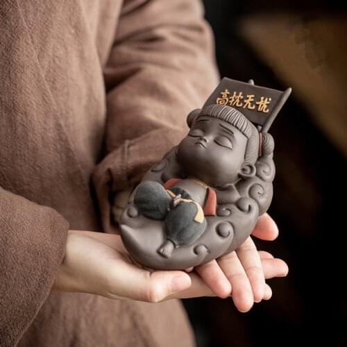 New Nezha decorative sculpture statue, purple sand mythical figure tea set decoration, cute ceramic home decoration craft gift