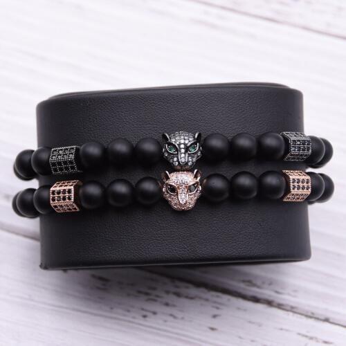 Micro Pave CZ Copper Leopard Head Charm Bracelets & Bangles Frosted Natural black Stone Bracelet pulseras