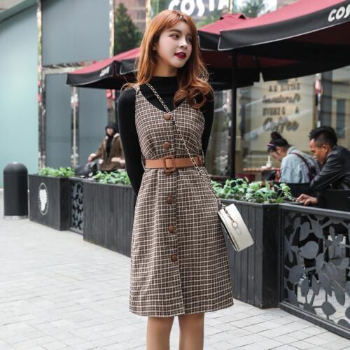 Autumn Winter Women Sleeveless Retro Woolend Plaid Suspender Sundress Female Vintage Party Dress Loose Casual Sweater Sets