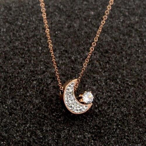 New And Delicate Crescent Moon Crystal Pendant Necklace For Women Titanium Steel Gold and Rose Gold Color Jewelry Necklace