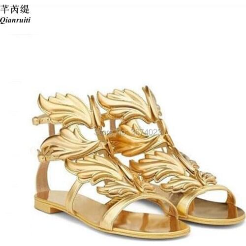 Qianruiti Women Gold Black Gladiator Flame Strap Shoes Angle Wings Flat Sandals Party Sexy Dress Shoes Sandalias mujer
