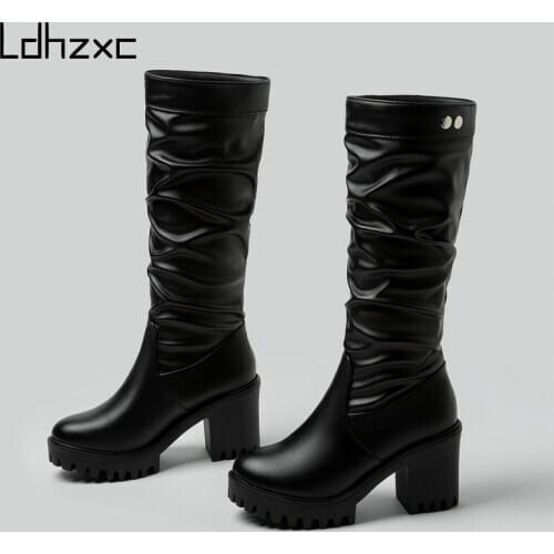 LDHZXC Platform High Heels Pu Leather Knee High Boots Women Retro Punk Long Boots Woman Booties Mujer New Fall