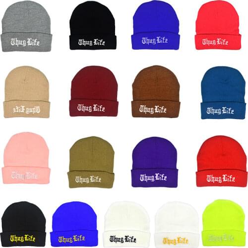 Unisex Adult Sik Cap Thug Life Embroidery Hat Women Knitted Hat Hip Hop Beanies Hat for Men 17 Colors