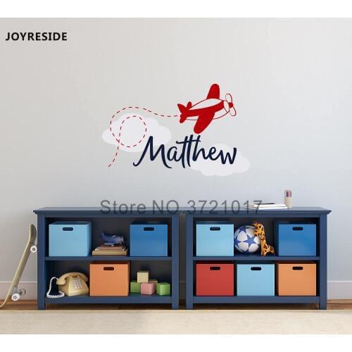 JOYRESIDE Custom Personalized Name Airplane Clouds Wall Decal Vinyl Sticker For Boys Kids Bedroom Decoration Mural Design XY029