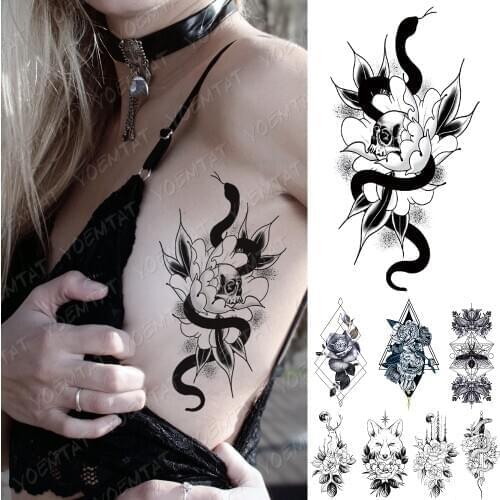 Waterproof Temporary Tattoo Sticker Snake Flower Dark Lines Flash Tattoos Rose Moon Moth Body Art Arm Fake Sleeve Tatoo Women