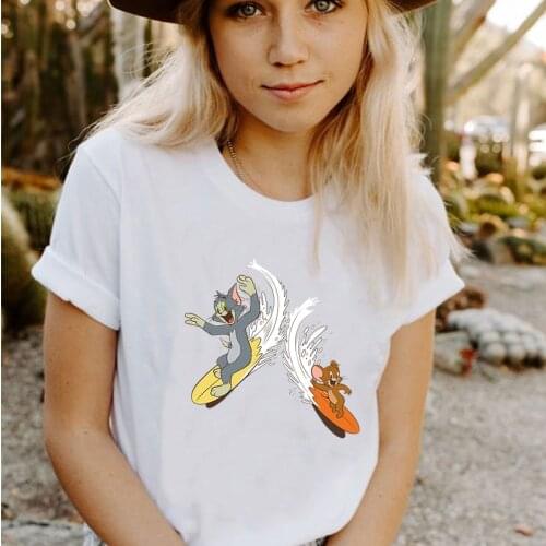 Women White Black T-shirts Tops Lovely Cat and Mouse T Shirts Girls Fashion Harajuku Short-sleeved O-neck t-shirts Streetwear