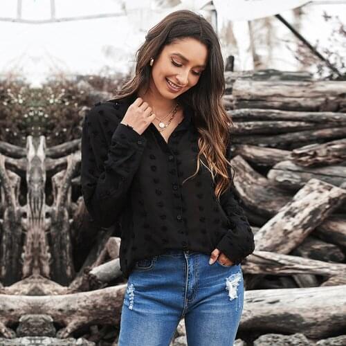 2021 Womens Shirt Autumn Womens Long-Sleeved Loose Shirt Lapel Shirt Polka Dot Chiffon Cardigan Elegant Temperament Top Shirt