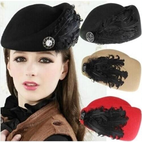 2020 Fashion Woollen Black Elegant Feather Hat for Women Autumn Winter Bonnets Vintage Formal Party Lady Beanies
