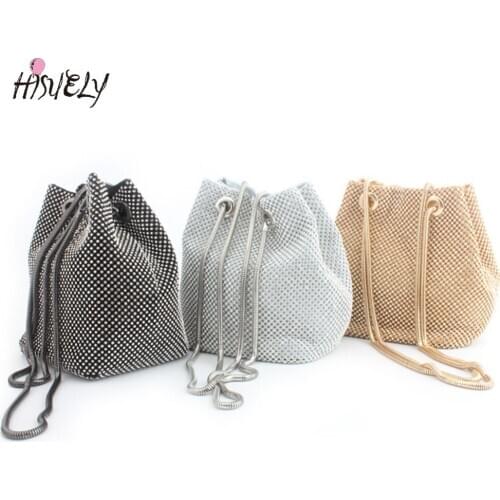 HISUELY Rhinestone Inlaid Flash Women Clutch Bag For Evening Party Fashion Banquet Shoulder Storage Totes Lady Bucket Bags Girls