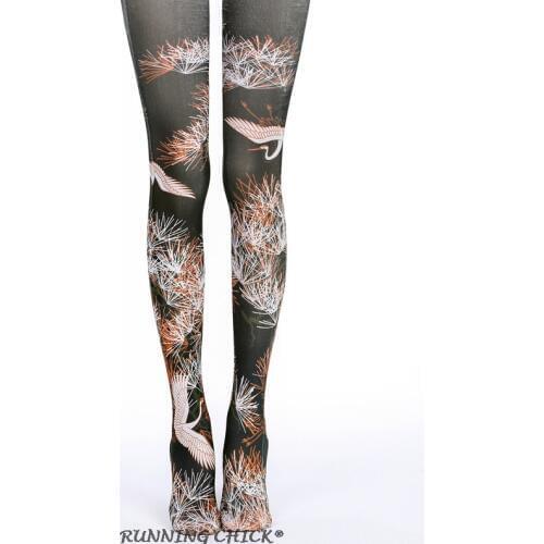 RUNNING CHICK Pine Crane Printed womens Pantyhose Wholesales