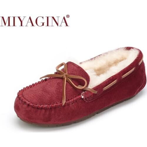 MIYAGINA 100% Natural Fur Women Flat Shoes New Fashion Genuine Leather Women Moccasins Casual Loafers Plus Size Winter shoes