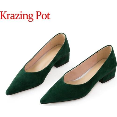 Krazing Pot plus size genuine leather pointed toe low heel shallow gentlewomen mature streetwear vintage slip on women pumps L09