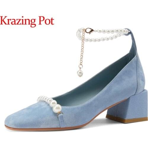 Krazing Pot sheep suede round toe high heels pearl decoration French romantic beauty lady dating charming sweet women pumps L74