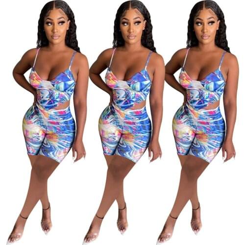 S-XL Summer Short Suit Women Clothing 2021 Fashon Printing Halter Top And Shorts Two Piece Set Wholesale Dropshipping