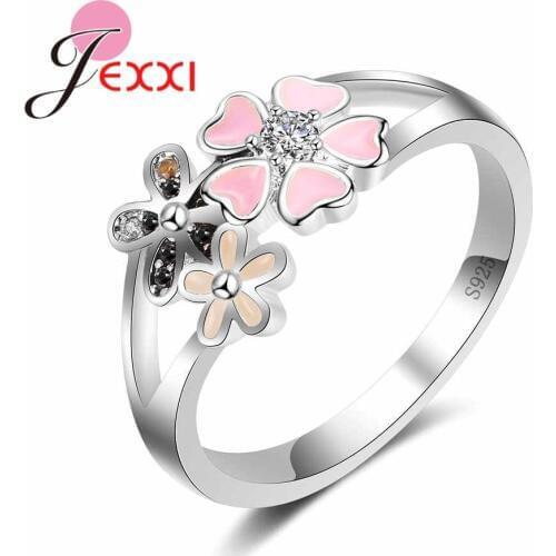 Lovely 925 Sterling Silver Pink Flower Poetic Daisy Cherry Blossom Finger Ring for Women Engagement Fashion Jewelry