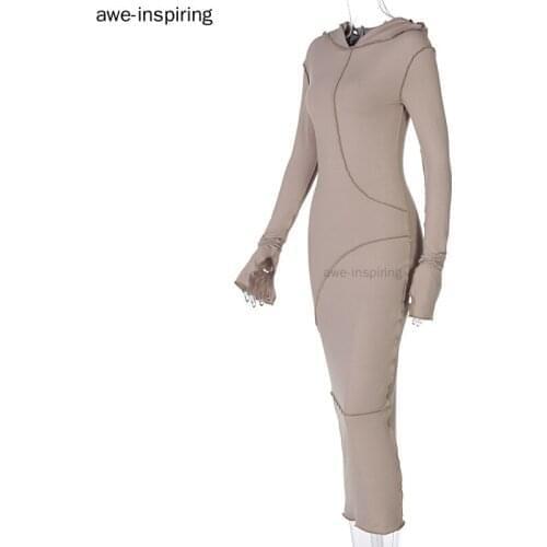 Hooded Patchwork Skinny Maxi Dress Autumn Winter Women Fashion Streetwear Casual Outfits 2021 Long Sleeve Slim Dress