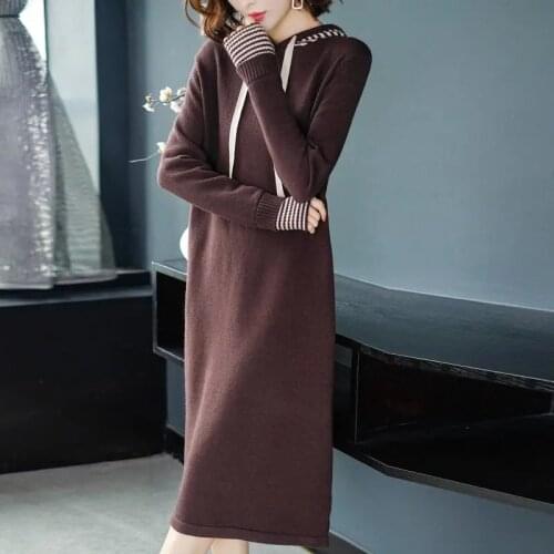 Female Autumn/winter 2021 New Hooded Knitted Dress Women Belly-covering Long Section Over The Kknee Loose Fashion Sweater Dress