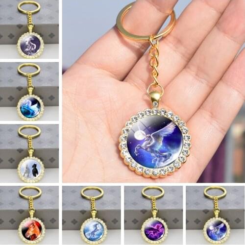 1pc White Horse Crystal Zircon Keychain Fashion Animal Horses Pattern Glass Cabochon Jewelry Rhinestone Pendant Key Chains Gift
