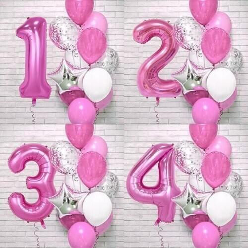 12pcs Pink Balloons Set Girl Kids 1st Birthday Latex Balloons 32 Inch Number Foil Balloon Baby Shower Happy Birthday Party Decor