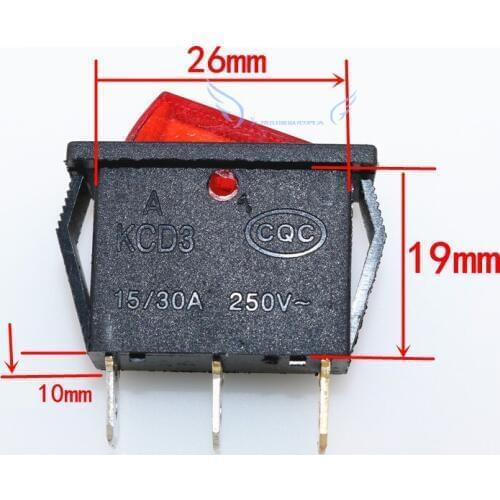 20PCS/Lot 15A 30A 250V 3000W 3 Pin Electric Frying Pans Cooker Switch Boat Rocker Switches with Red Light KCD3
