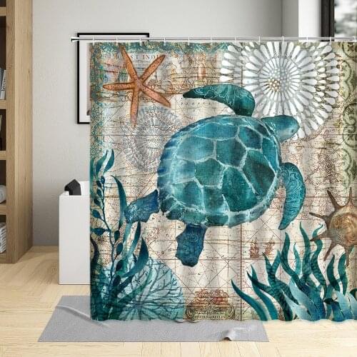 Europe and America Ocean Animals Shower Curtain Sea Turtle Hippocampus Octopus Painting Bathroom Washable With Hooks Polyester